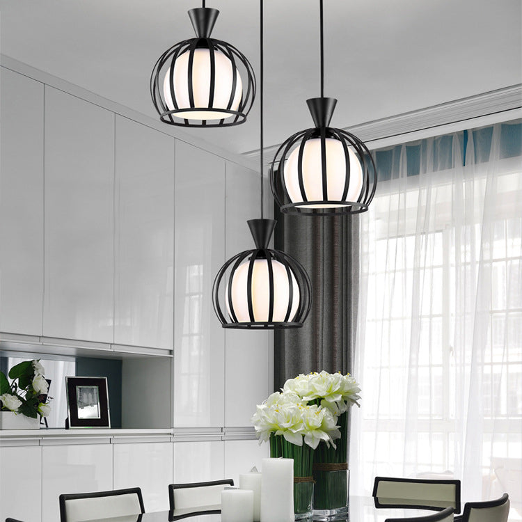 Metal Dome Cage Ceiling Pendant with Milk Glass Shade Retro Style 3 Bulb Indoor Hanging Light in Black/White Black Round Clearhalo 'Ceiling Lights' 'Modern Pendants' 'Modern' 'Pendant Lights' 'Pendants' Lighting' 34882