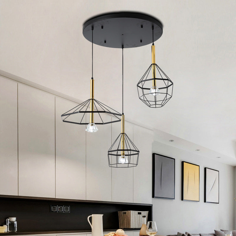 Industrial Wire Cage Ceiling Pendant with Different Shade 3 Lights Metal Hanging Ceiling Light in Black Clearhalo 'Ceiling Lights' 'Pendant Lights' 'Pendants' Lighting' 34936