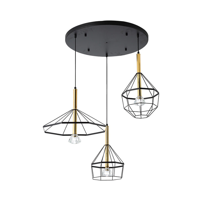 Industrial Wire Cage Ceiling Pendant with Different Shade 3 Lights Metal Hanging Ceiling Light in Black Clearhalo 'Ceiling Lights' 'Pendant Lights' 'Pendants' Lighting' 34938