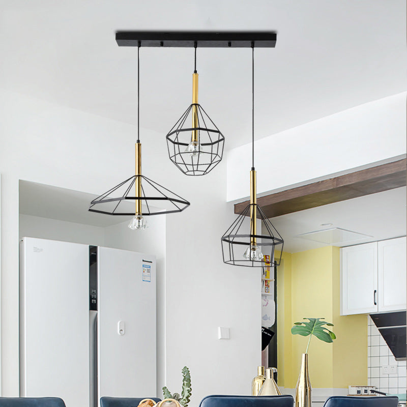 Industrial Wire Cage Ceiling Pendant with Different Shade 3 Lights Metal Hanging Ceiling Light in Black Clearhalo 'Ceiling Lights' 'Pendant Lights' 'Pendants' Lighting' 34941