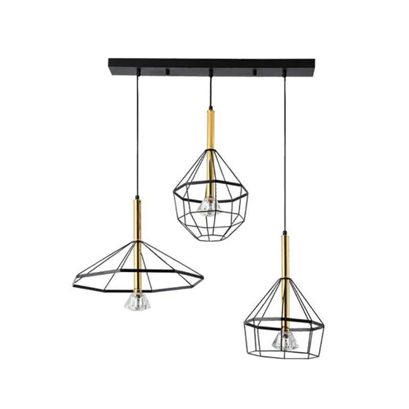 Industrial Wire Cage Ceiling Pendant with Different Shade 3 Lights Metal Hanging Ceiling Light in Black Clearhalo 'Ceiling Lights' 'Pendant Lights' 'Pendants' Lighting' 34942