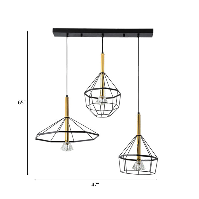 Industrial Wire Cage Ceiling Pendant with Different Shade 3 Lights Metal Hanging Ceiling Light in Black Clearhalo 'Ceiling Lights' 'Pendant Lights' 'Pendants' Lighting' 34943