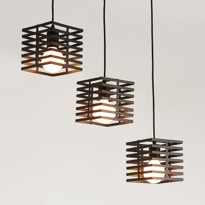 3 Lights Cubic Hanging Lamp with Cage Shade Retro Industrial Black/White Metal Pendant Lighting Black Linear Clearhalo 'Ceiling Lights' 'Modern Pendants' 'Modern' 'Pendant Lights' 'Pendants' Lighting' 34954