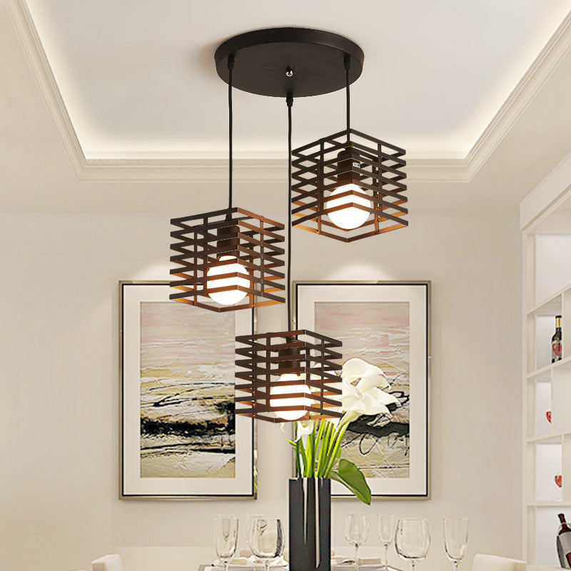 3 Lights Cubic Hanging Lamp with Cage Shade Retro Industrial Black/White Metal Pendant Lighting Black Round Clearhalo 'Ceiling Lights' 'Modern Pendants' 'Modern' 'Pendant Lights' 'Pendants' Lighting' 34962