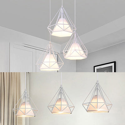 3 Lights Diamond Cage Pendant Lighting Modern Style White Metal and Fabric Hanging Lamp with Linear/Round Canopy Clearhalo 'Ceiling Lights' 'Modern Pendants' 'Modern' 'Pendant Lights' 'Pendants' Lighting' 35080