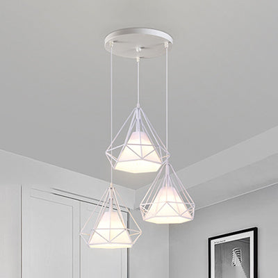 3 Lights Diamond Cage Pendant Lighting Modern Style White Metal and Fabric Hanging Lamp with Linear/Round Canopy White Round Clearhalo 'Ceiling Lights' 'Modern Pendants' 'Modern' 'Pendant Lights' 'Pendants' Lighting' 35081