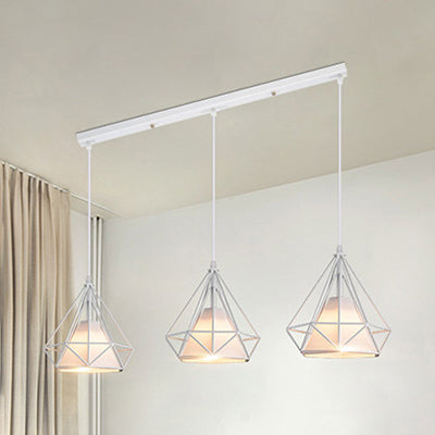 3 Lights Diamond Cage Pendant Lighting Modern Style White Metal and Fabric Hanging Lamp with Linear/Round Canopy White Linear Clearhalo 'Ceiling Lights' 'Modern Pendants' 'Modern' 'Pendant Lights' 'Pendants' Lighting' 35082