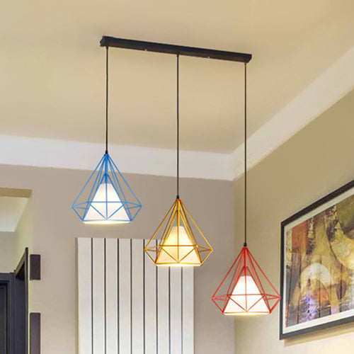 Multi Color Caged Hanging Light Industrial Style Metal and Fabric 3 Lights Indoor Pendant Lighting, Linear/Round Canopy Red-Yellow-Blue Linear Clearhalo 'Ceiling Lights' 'Modern Pendants' 'Modern' 'Pendant Lights' 'Pendants' Lighting' 35084