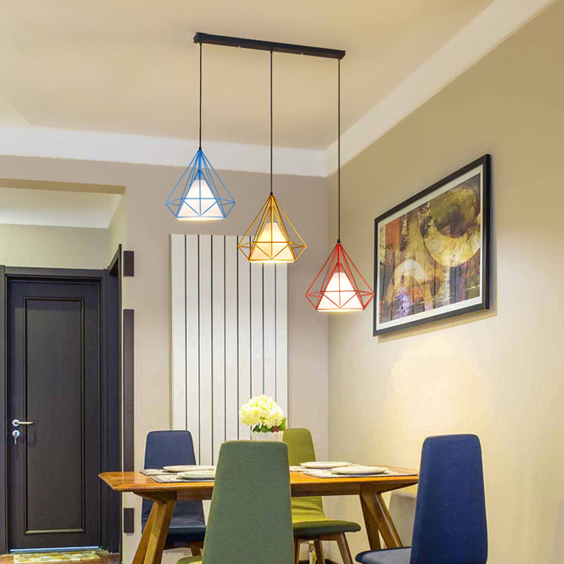 Multi Color Caged Hanging Light Industrial Style Metal and Fabric 3 Lights Indoor Pendant Lighting, Linear/Round Canopy Clearhalo 'Ceiling Lights' 'Modern Pendants' 'Modern' 'Pendant Lights' 'Pendants' Lighting' 35085