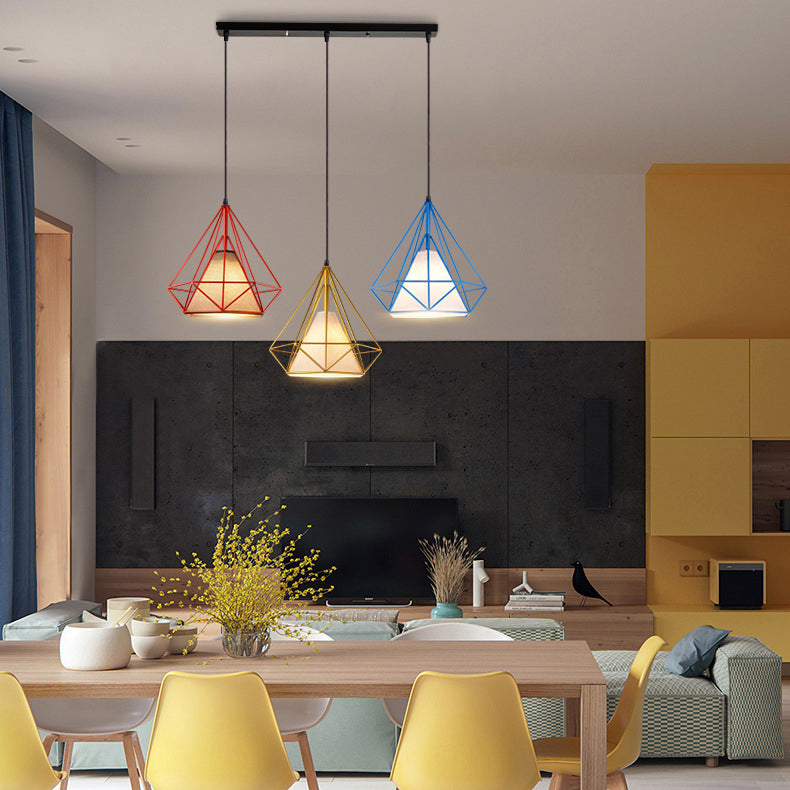 Multi Color Caged Hanging Light Industrial Style Metal and Fabric 3 Lights Indoor Pendant Lighting, Linear/Round Canopy Clearhalo 'Ceiling Lights' 'Modern Pendants' 'Modern' 'Pendant Lights' 'Pendants' Lighting' 35086