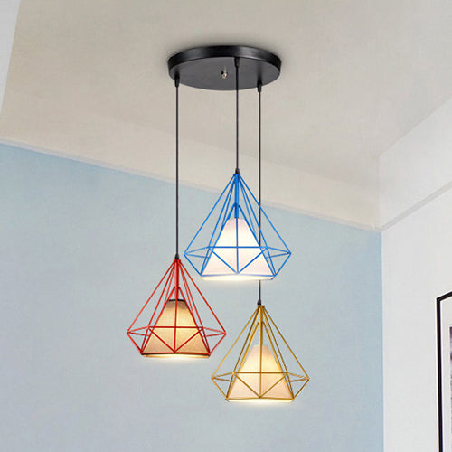 Multi Color Caged Hanging Light Industrial Style Metal and Fabric 3 Lights Indoor Pendant Lighting, Linear/Round Canopy Clearhalo 'Ceiling Lights' 'Modern Pendants' 'Modern' 'Pendant Lights' 'Pendants' Lighting' 35087