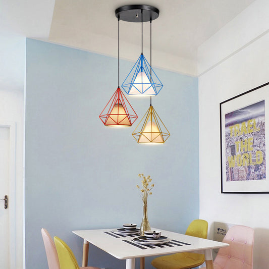 Multi Color Caged Hanging Light Industrial Style Metal and Fabric 3 Lights Indoor Pendant Lighting, Linear/Round Canopy Red-Yellow-Blue Round Clearhalo 'Ceiling Lights' 'Modern Pendants' 'Modern' 'Pendant Lights' 'Pendants' Lighting' 35088