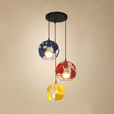 Industrial Tellurion Cage Pendant Lighting 3 Lights Metal Suspension Light with Round/Linear Canopy in White/Blue Blue Round Clearhalo 'Ceiling Lights' 'Modern Pendants' 'Modern' 'Pendant Lights' 'Pendants' Lighting' 35160