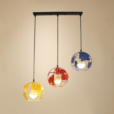 Industrial Tellurion Cage Pendant Lighting 3 Lights Metal Suspension Light with Round/Linear Canopy in White/Blue Blue Linear Clearhalo 'Ceiling Lights' 'Modern Pendants' 'Modern' 'Pendant Lights' 'Pendants' Lighting' 35162