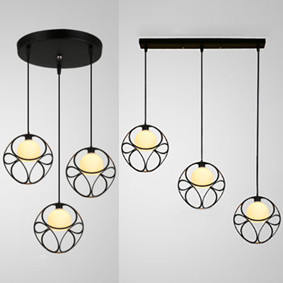 3 Head Pendant Light Retro Stylish Cubic Cage Metal Suspended Lamp with Inner White Glass Shade in Black Clearhalo 'Ceiling Lights' 'Modern Pendants' 'Modern' 'Pendant Lights' 'Pendants' Lighting' 35183