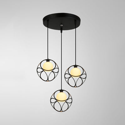 3 Head Pendant Light Retro Stylish Cubic Cage Metal Suspended Lamp with Inner White Glass Shade in Black Black Round Clearhalo 'Ceiling Lights' 'Modern Pendants' 'Modern' 'Pendant Lights' 'Pendants' Lighting' 35184