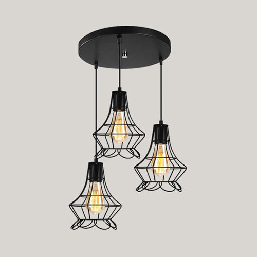 Vintage Industrial Caged Pendant Lighting 3 Heads Metallic Hanging Ceiling Light with Round/Linear Canopy in Black Clearhalo 'Ceiling Lights' 'Pendant Lights' 'Pendants' Lighting' 35266