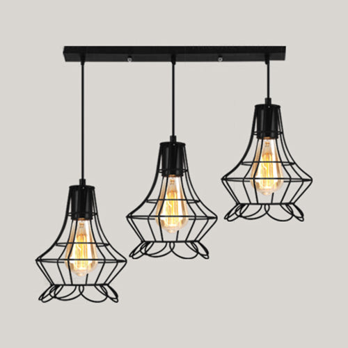 Vintage Industrial Caged Pendant Lighting 3 Heads Metallic Hanging Ceiling Light with Round/Linear Canopy in Black Clearhalo 'Ceiling Lights' 'Pendant Lights' 'Pendants' Lighting' 35267