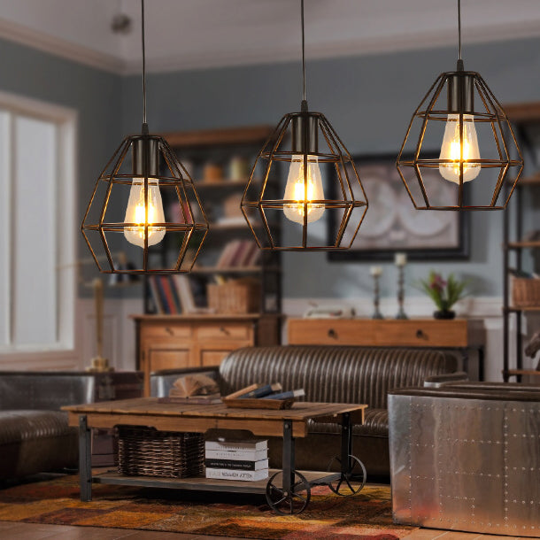 Vintage Industrial Caged Pendant Lighting 3 Heads Metallic Hanging Ceiling Light with Round/Linear Canopy in Black Clearhalo 'Ceiling Lights' 'Pendant Lights' 'Pendants' Lighting' 35270