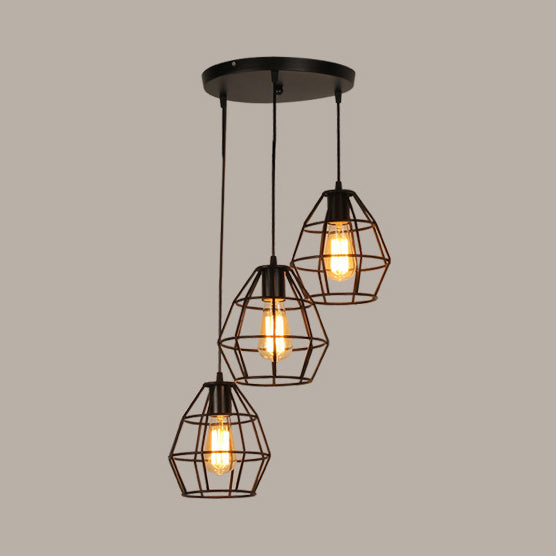 Vintage Industrial Caged Pendant Lighting 3 Heads Metallic Hanging Ceiling Light with Round/Linear Canopy in Black Clearhalo 'Ceiling Lights' 'Pendant Lights' 'Pendants' Lighting' 35271