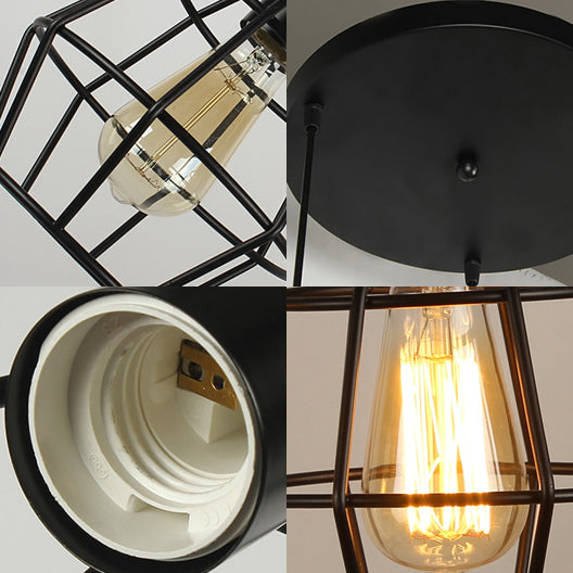 Vintage Industrial Caged Pendant Lighting 3 Heads Metallic Hanging Ceiling Light with Round/Linear Canopy in Black Clearhalo 'Ceiling Lights' 'Pendant Lights' 'Pendants' Lighting' 35273