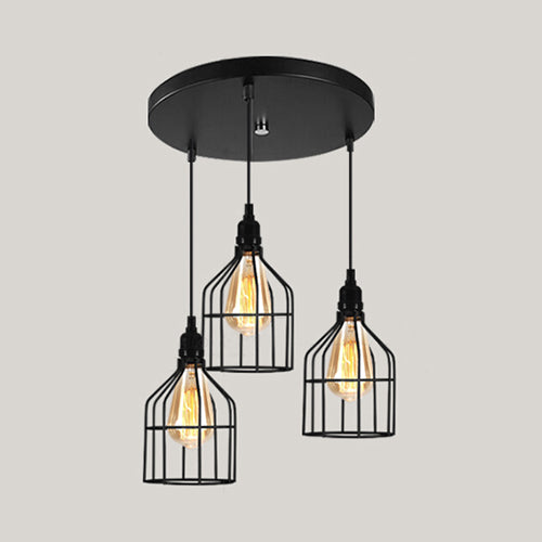 Vintage Industrial Caged Pendant Lighting 3 Heads Metallic Hanging Ceiling Light with Round/Linear Canopy in Black Black B Round Clearhalo 'Ceiling Lights' 'Pendant Lights' 'Pendants' Lighting' 35274_7c69e548-f836-42fc-8bc1-bde5a352264d