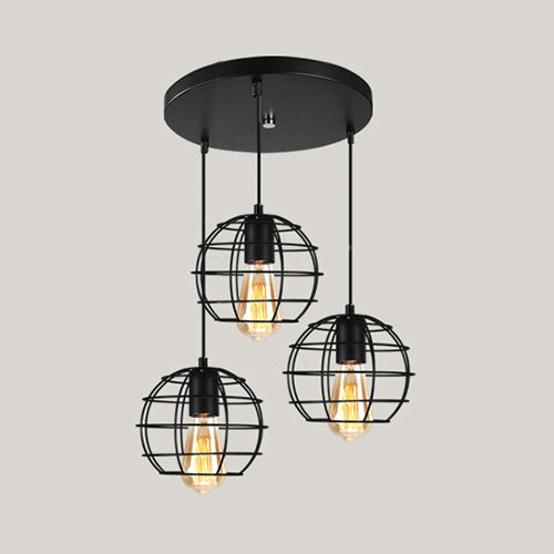 Vintage Industrial Caged Pendant Lighting 3 Heads Metallic Hanging Ceiling Light with Round/Linear Canopy in Black Clearhalo 'Ceiling Lights' 'Pendant Lights' 'Pendants' Lighting' 35276