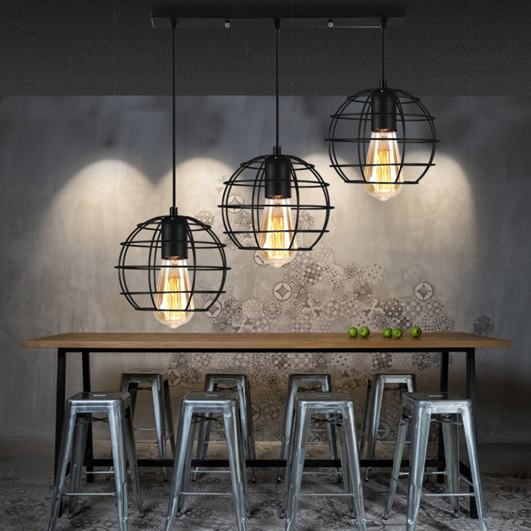 Vintage Industrial Caged Pendant Lighting 3 Heads Metallic Hanging Ceiling Light with Round/Linear Canopy in Black Black C Linear Clearhalo 'Ceiling Lights' 'Pendant Lights' 'Pendants' Lighting' 35277_c08de957-4277-4fe2-b11d-c4166ae2a6c6