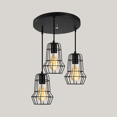 Vintage Industrial Caged Pendant Lighting 3 Heads Metallic Hanging Ceiling Light with Round/Linear Canopy in Black Black D Round Clearhalo 'Ceiling Lights' 'Pendant Lights' 'Pendants' Lighting' 35279_34bd8f52-6e98-40df-a749-f435017603cf