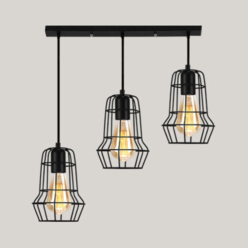 Vintage Industrial Caged Pendant Lighting 3 Heads Metallic Hanging Ceiling Light with Round/Linear Canopy in Black Clearhalo 'Ceiling Lights' 'Pendant Lights' 'Pendants' Lighting' 35280