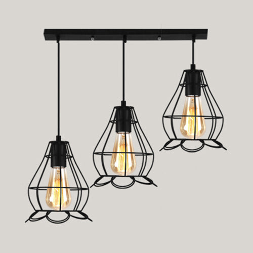 Vintage Industrial Caged Pendant Lighting 3 Heads Metallic Hanging Ceiling Light with Round/Linear Canopy in Black Clearhalo 'Ceiling Lights' 'Pendant Lights' 'Pendants' Lighting' 35281