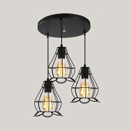 Vintage Industrial Caged Pendant Lighting 3 Heads Metallic Hanging Ceiling Light with Round/Linear Canopy in Black Clearhalo 'Ceiling Lights' 'Pendant Lights' 'Pendants' Lighting' 35282