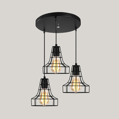 Vintage Industrial Caged Pendant Lighting 3 Heads Metallic Hanging Ceiling Light with Round/Linear Canopy in Black Clearhalo 'Ceiling Lights' 'Pendant Lights' 'Pendants' Lighting' 35283