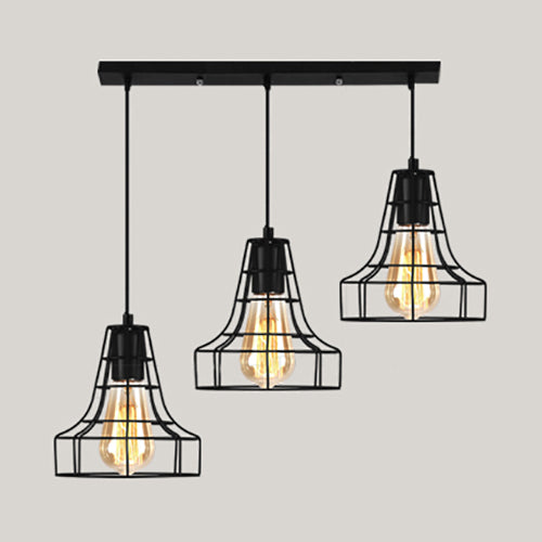 Vintage Industrial Caged Pendant Lighting 3 Heads Metallic Hanging Ceiling Light with Round/Linear Canopy in Black Clearhalo 'Ceiling Lights' 'Pendant Lights' 'Pendants' Lighting' 35284