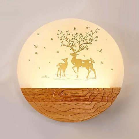 Round LED Wall Light with Animal Creative Wood Sconce Light in Beige for Kindergarten Wood Elk Clearhalo 'Wall Lamps & Sconces' 'Wall Lights' Lighting' 35459