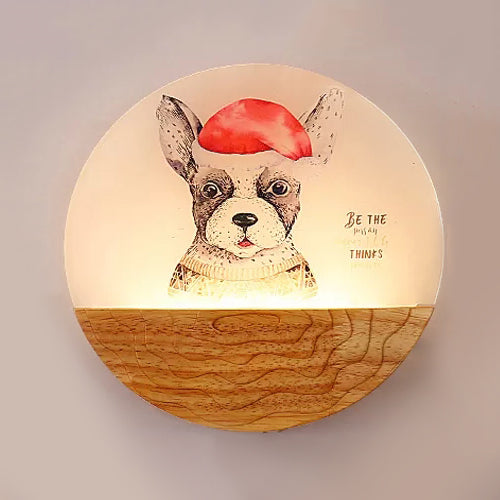 Round LED Wall Light with Animal Creative Wood Sconce Light in Beige for Kindergarten Wood Dog Clearhalo 'Wall Lamps & Sconces' 'Wall Lights' Lighting' 35462