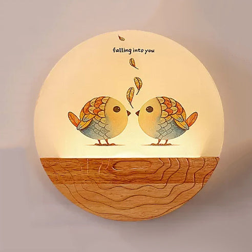 Round LED Wall Light with Animal Creative Wood Sconce Light in Beige for Kindergarten Wood Bird Clearhalo 'Wall Lamps & Sconces' 'Wall Lights' Lighting' 35466