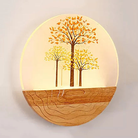 Circle Living Room Wall Light with Natural View Wood Rustic Wall Lamp in Beige Wood A Clearhalo 'Wall Lamps & Sconces' 'Wall Lights' Lighting' 35472