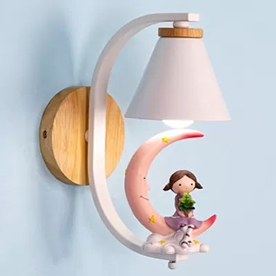 Funnel Shade Wall Light with Little Kid Deco 1 Head Lovely Metal Wall Sconce for Child Bedroom Pink Clearhalo 'Wall Lamps & Sconces' 'Wall Lights' Lighting' 35507