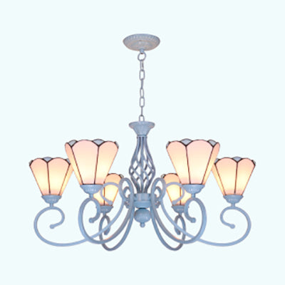 6 Lights Conical Ceiling Chandelier with Adjustable Chain Traditional Glass Pendant Lamp in Blue/White White Clearhalo 'Ceiling Lights' 'Chandeliers' 'Industrial' 'Middle Century Chandeliers' 'Tiffany Chandeliers' 'Tiffany close to ceiling' 'Tiffany' Lighting' 35725