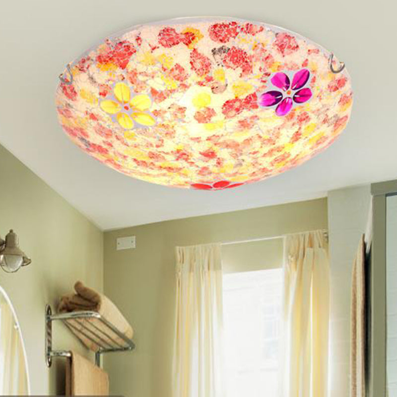 2/3 Lights Floral Flush Mount Lighting Tiffany Red Stained Art Glass Flush Light Fixture, 12"/16"/19.5" Wide Red Clearhalo 'Ceiling Lights' 'Close To Ceiling Lights' 'Close to ceiling' 'Flush mount' Lighting' 359168