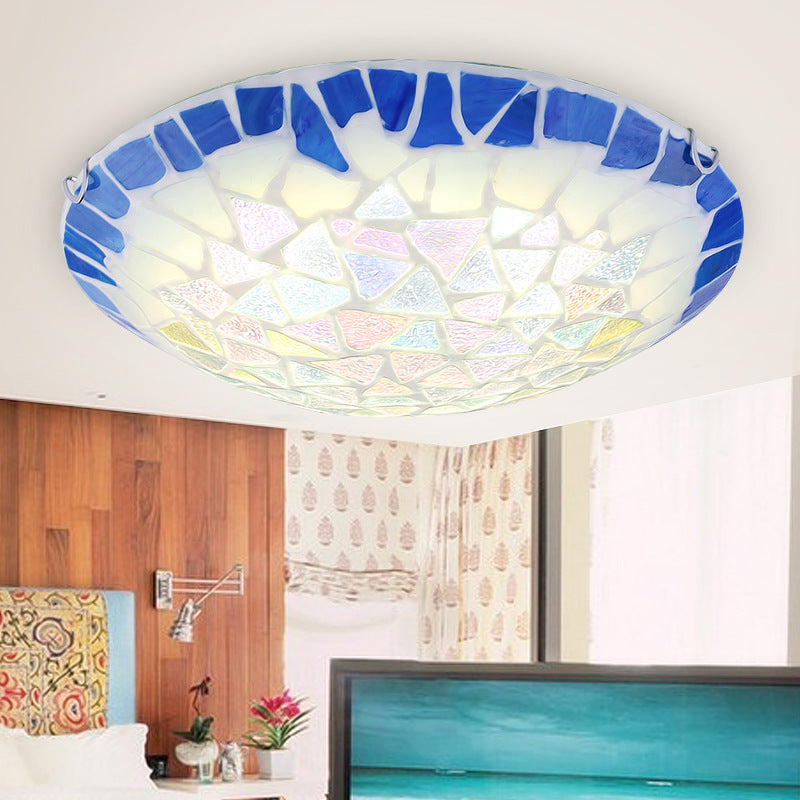 Blue 12"/16"/19.5" Wide 3 Lights Flush Mount Lighting Fixture Baroque Stained Glass Bowl Flushmount Light Blue Clearhalo 'Ceiling Lights' 'Close To Ceiling Lights' 'Close to ceiling' 'Flush mount' Lighting' 359182