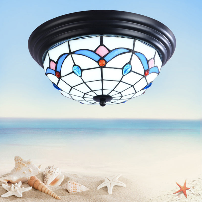 11"/15" Wide Tiffany Bowl Flush Mount Fixture 3 Lights Cut Glass Flush Ceiling Light in White for Corridor White Clearhalo 'Ceiling Lights' 'Close To Ceiling Lights' 'Close to ceiling' 'Flush mount' Lighting' 359201