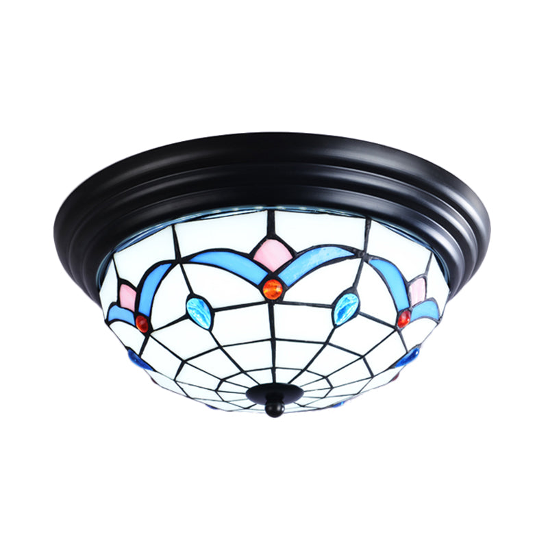 11"/15" Wide Tiffany Bowl Flush Mount Fixture 3 Lights Cut Glass Flush Ceiling Light in White for Corridor Clearhalo 'Ceiling Lights' 'Close To Ceiling Lights' 'Close to ceiling' 'Flush mount' Lighting' 359203