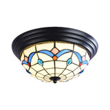 11"/15" Wide Tiffany Bowl Flush Mount Fixture 3 Lights Cut Glass Flush Ceiling Light in White for Corridor Clearhalo 'Ceiling Lights' 'Close To Ceiling Lights' 'Close to ceiling' 'Flush mount' Lighting' 359204