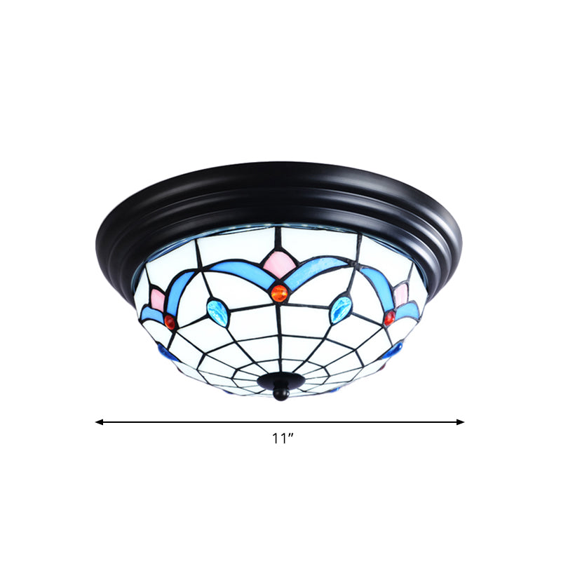 11"/15" Wide Tiffany Bowl Flush Mount Fixture 3 Lights Cut Glass Flush Ceiling Light in White for Corridor Clearhalo 'Ceiling Lights' 'Close To Ceiling Lights' 'Close to ceiling' 'Flush mount' Lighting' 359205