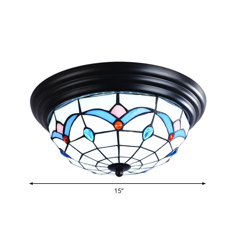 11"/15" Wide Tiffany Bowl Flush Mount Fixture 3 Lights Cut Glass Flush Ceiling Light in White for Corridor Clearhalo 'Ceiling Lights' 'Close To Ceiling Lights' 'Close to ceiling' 'Flush mount' Lighting' 359206