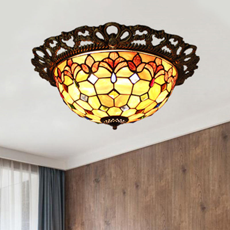 Beaded Flush Light Mediterranean Shell 3 Lights Brass Flushmount Lighting for Bedroom Brass Clearhalo 'Ceiling Lights' 'Close To Ceiling Lights' 'Close to ceiling' 'Flush mount' Lighting' 359207