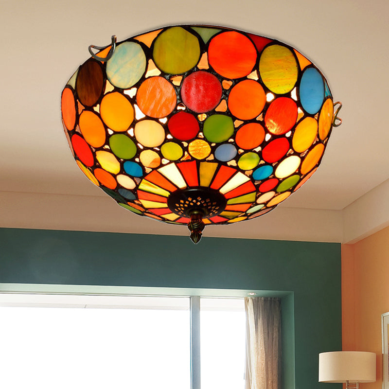 2/3 Lights Bedroom Flush Mount Light Fixture Tiffany Style Red Flushmount with Dome Stained Glass Shade, 12"/16" W Red Clearhalo 'Ceiling Lights' 'Close To Ceiling Lights' 'Close to ceiling' 'Flush mount' Lighting' 359212