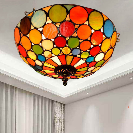 2/3 Lights Bedroom Flush Mount Light Fixture Tiffany Style Red Flushmount with Dome Stained Glass Shade, 12"/16" W Clearhalo 'Ceiling Lights' 'Close To Ceiling Lights' 'Close to ceiling' 'Flush mount' Lighting' 359213